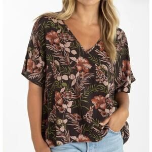 Natural Life Easy V-Neck Floral Top Brown Boho Tropical Size Small